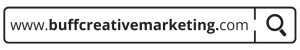 white search bar containing black text reading www.buffcreativemarketing.com and black search icon